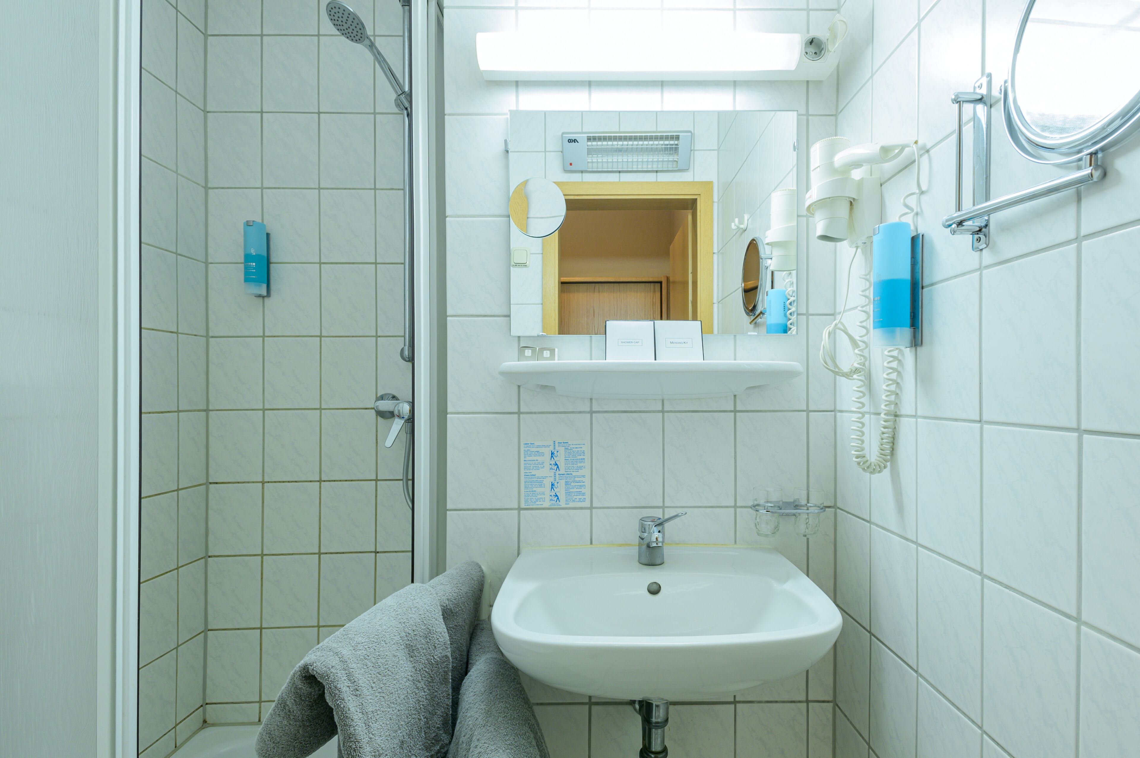 Une salle de bain avec une douche, un lavabo et un miroir.