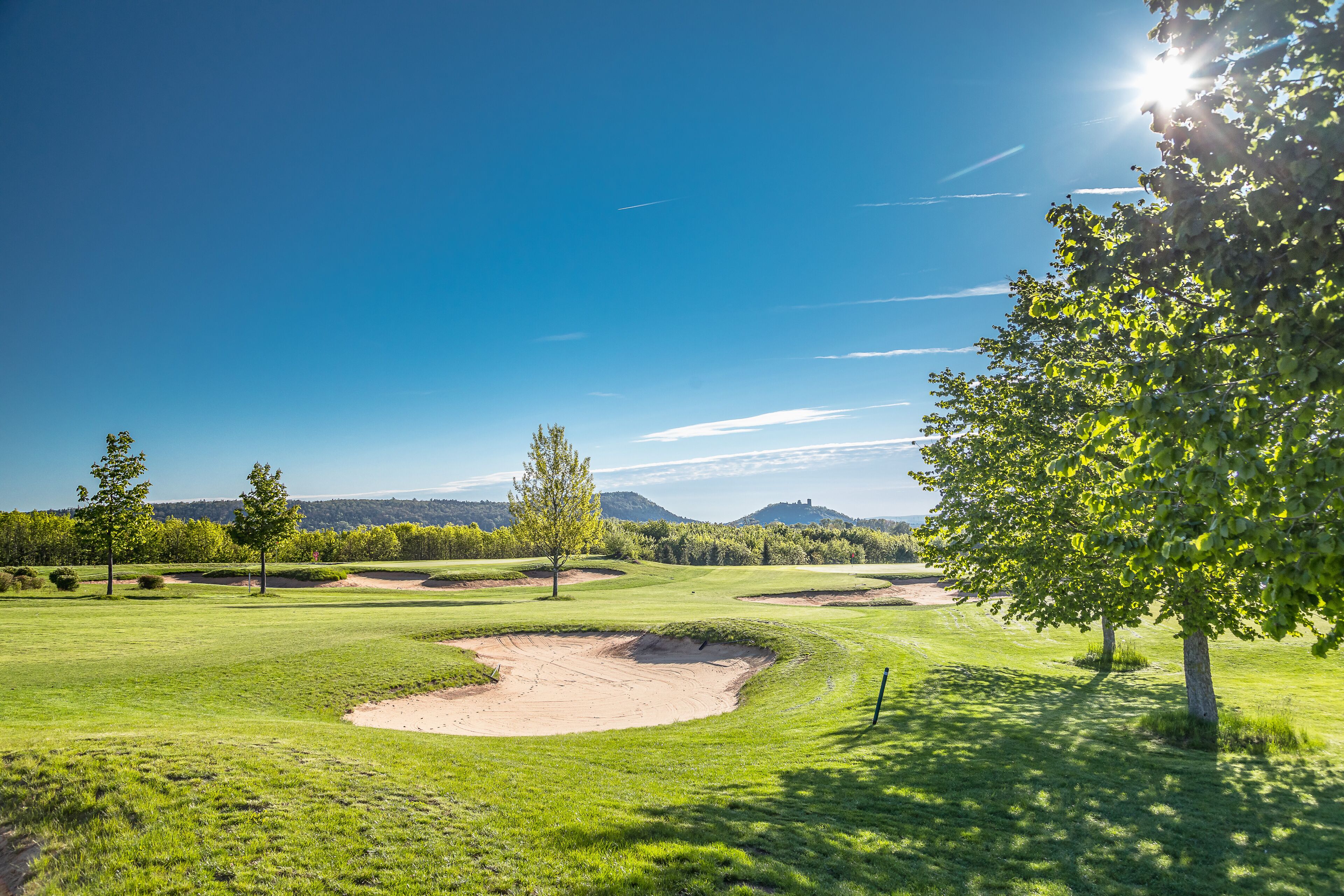 Ein Golfplatz mit Sandbunkern, Bäumen und blauem Himmel.