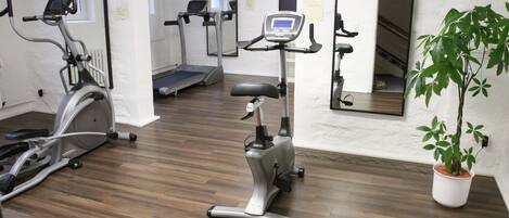 A gym with exercise equipment, a potted plant, and a mirror.