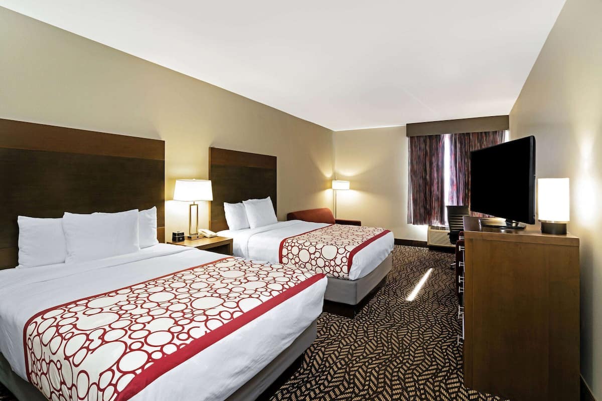 Une chambre d’hôtel avec deux lits, une télévision, un bureau et une moquette à motifs.