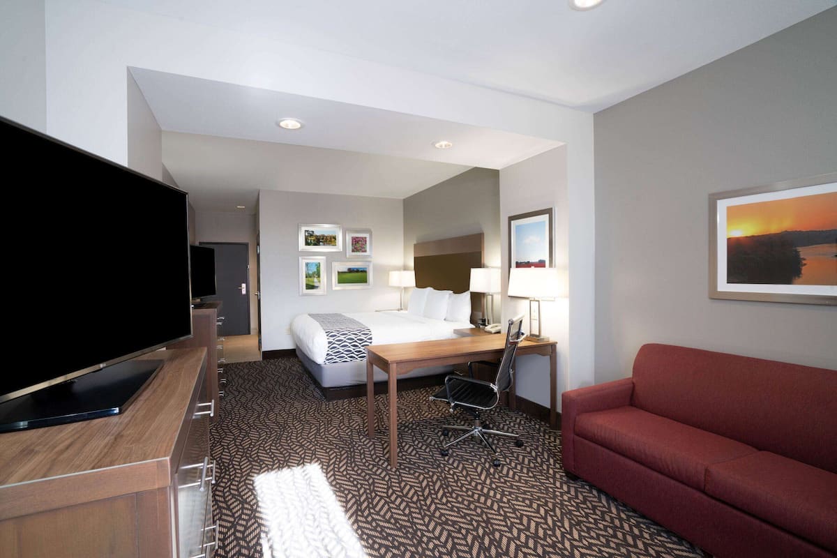 Une chambre d’hôtel avec un lit, un bureau équipé d’un ordinateur, une télévision, un canapé rouge et une moquette à motifs.