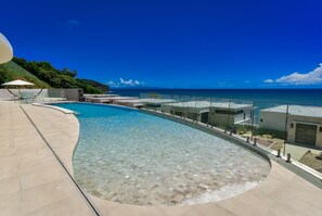 Outdoor pool, pool umbrellas, pool loungers