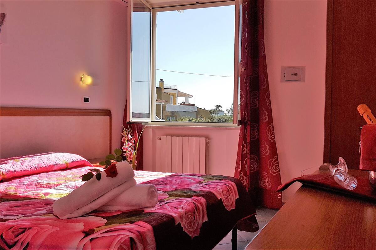 A hotel room with a bed, a window, a radiator, a mirror, and a bottle of champagne.