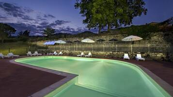 Seasonal outdoor pool, pool umbrellas, sun loungers