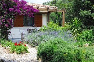 Un jardín con diversas plantas y flores, un camino de piedra y un edificio con una pérgola de madera.