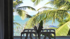 Blick aus einem Fenster, im Vordergrund ein Metallstuhl und eine Pflanze, mit Blick auf einen Strand mit Palmen und dem Meer.