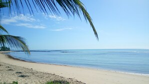 Ein Strand mit blauem Himmel und ruhigem Wasser.