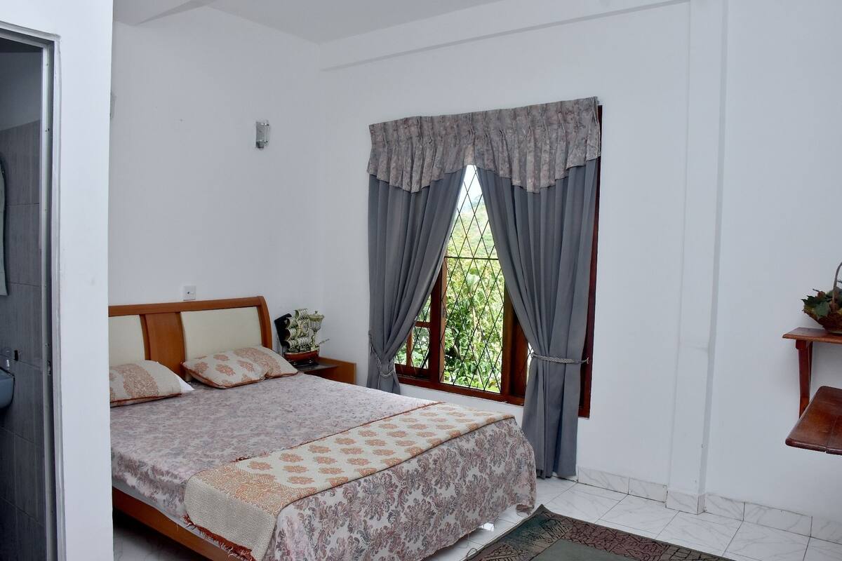 A bedroom with a bed, a window with curtains, a bedside table with a lamp, and a small shelf with a plant.