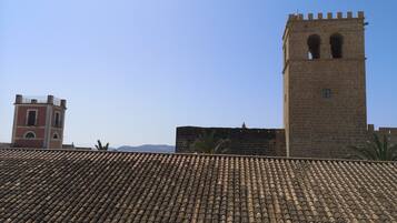 A tiled roof with a clock tower and a smaller building in the background.
