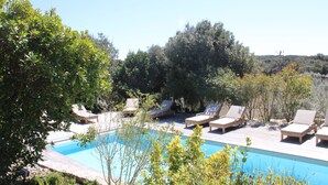 Área de piscina com espreguiçadeiras e deck de madeira.
