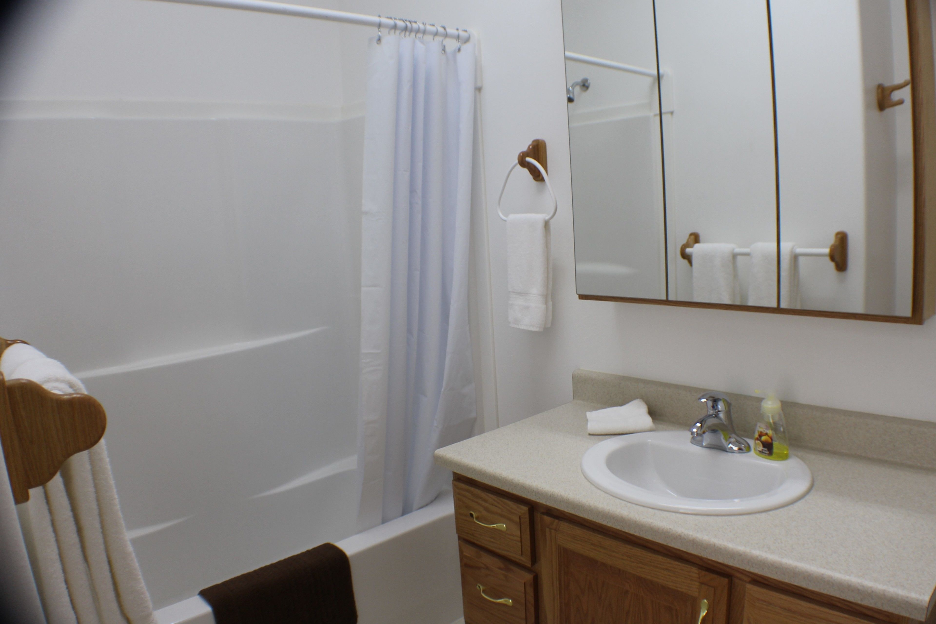 Un baño con bañera, cortina de ducha, lavabo y espejo.