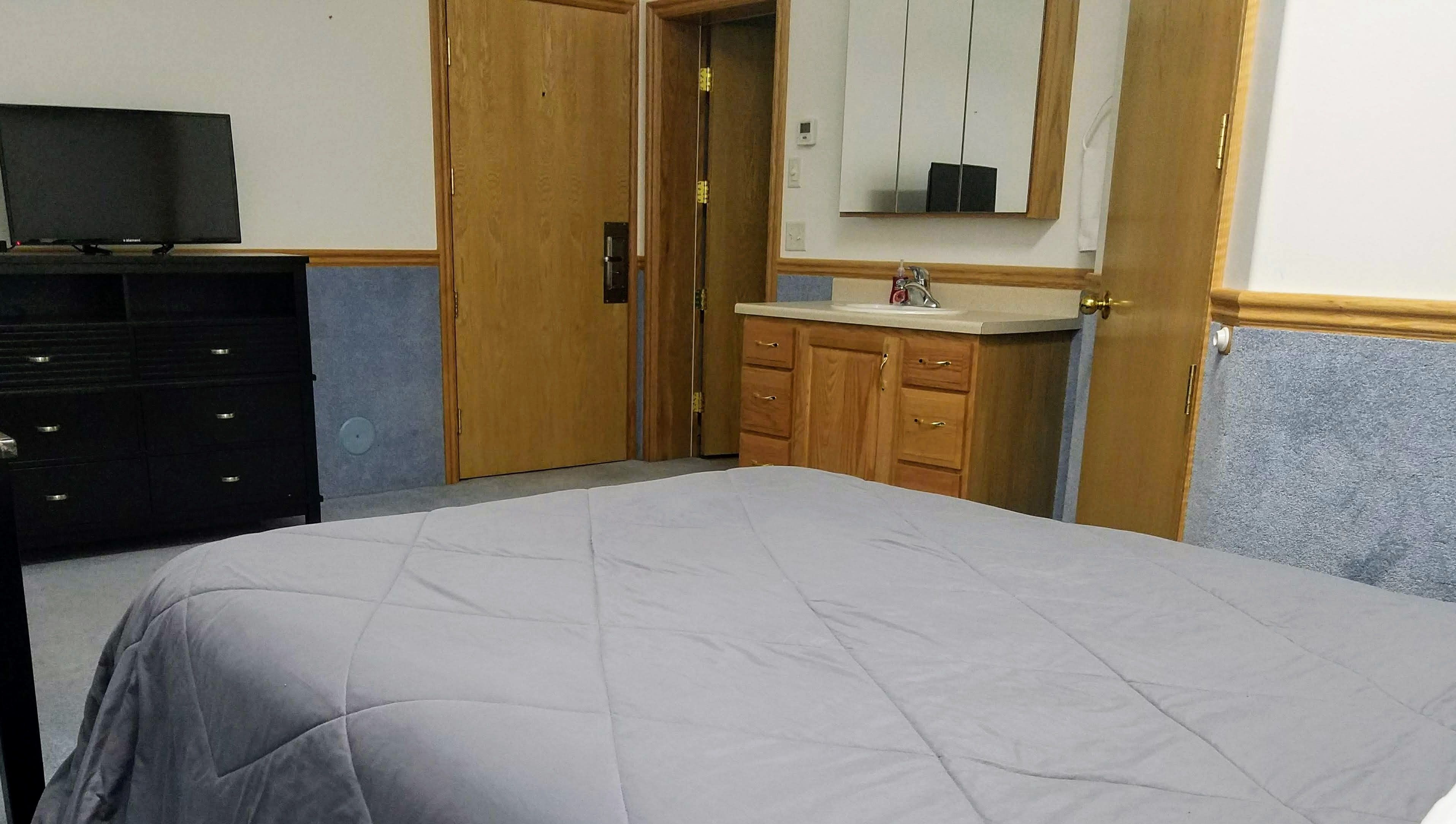 Una habitación de hotel con una cama, un aparador, un televisor, un lavamanos y un espejo.