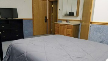 Una habitación de hotel con una cama, un aparador, un televisor, un lavamanos y un espejo.