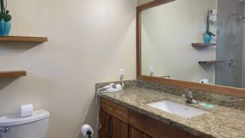 A bathroom with a granite countertop sink, wooden cabinets, a toilet, and a mirror.