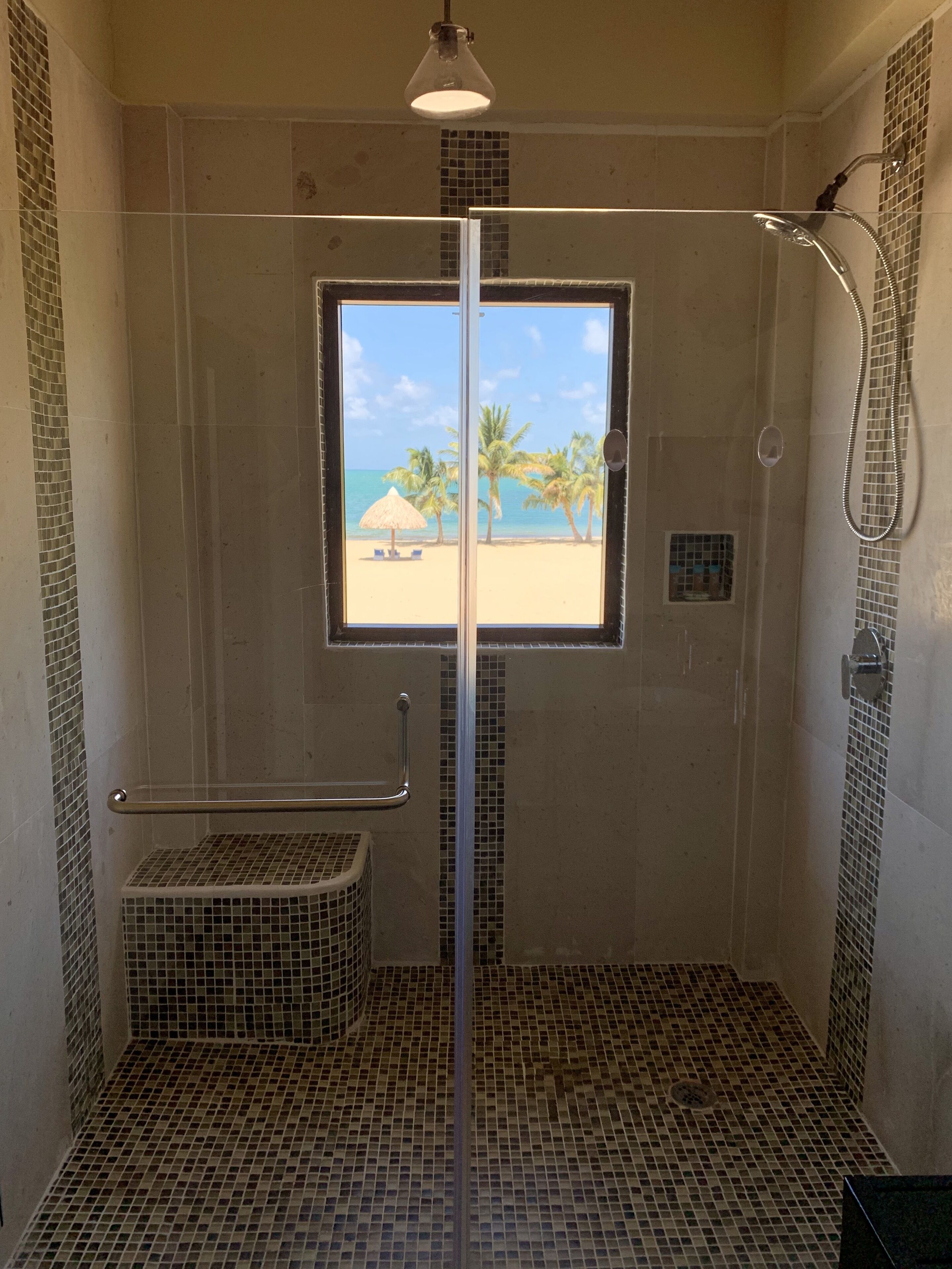 A shower with a view of a beach, a window, and a handrail.