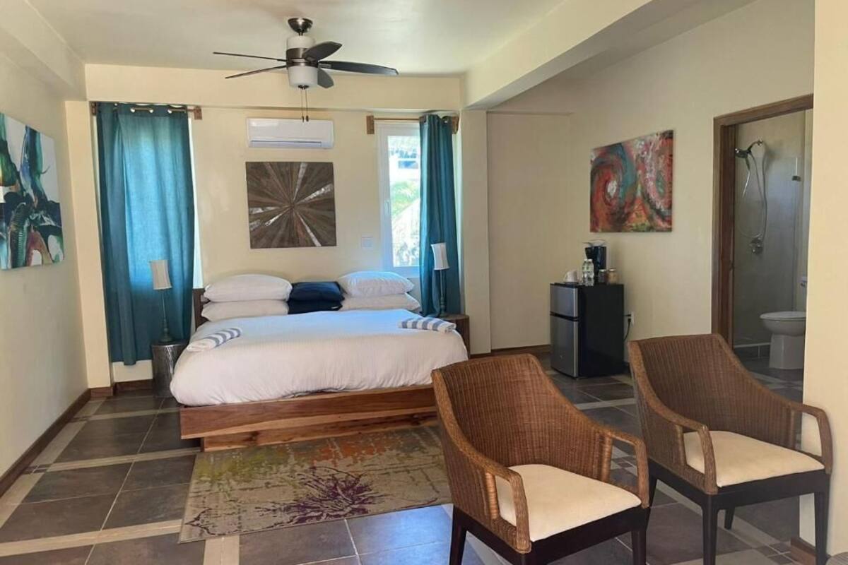 A bedroom with a bed, two wicker chairs, a ceiling fan, and a shower area.