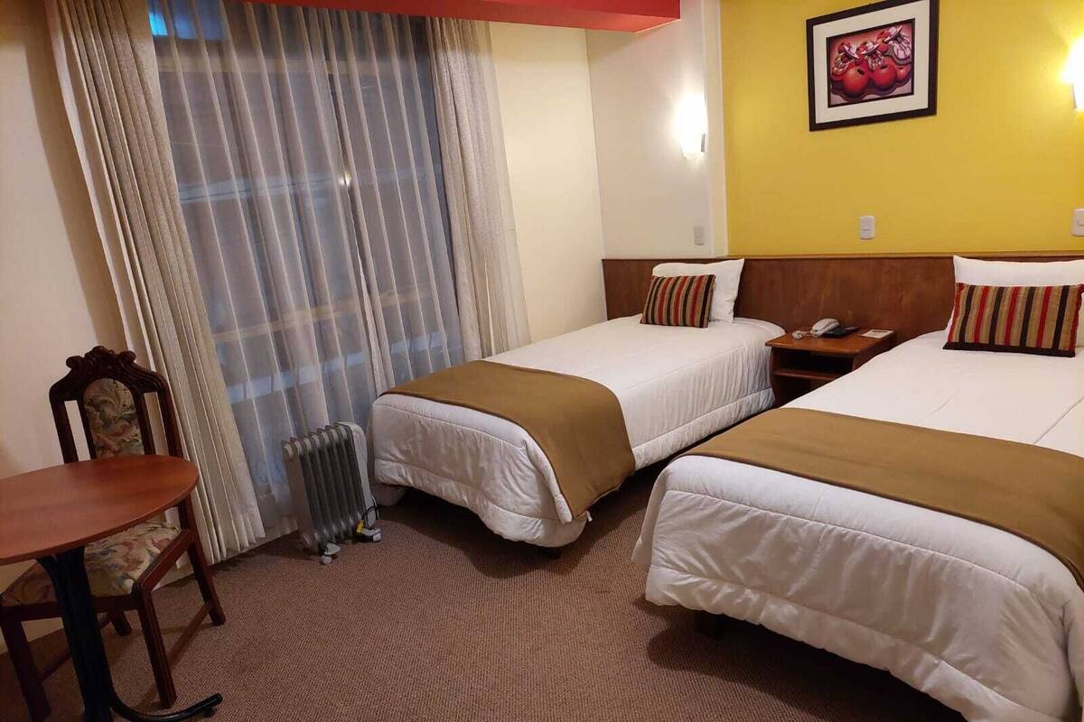 Habitación de hotel con dos camas, una silla de madera, una mesa y un radiador.