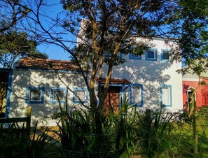 Un edificio blanco con marcos de ventana azules y techo rojo, rodeado de vegetación.