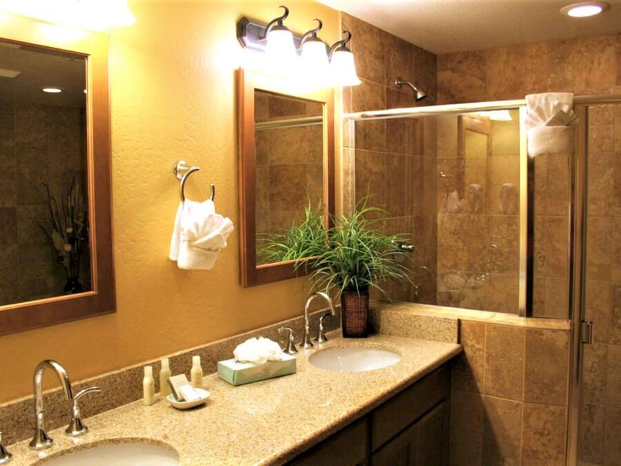 A bathroom with two sinks, a mirror, a towel rack, and a potted plant.