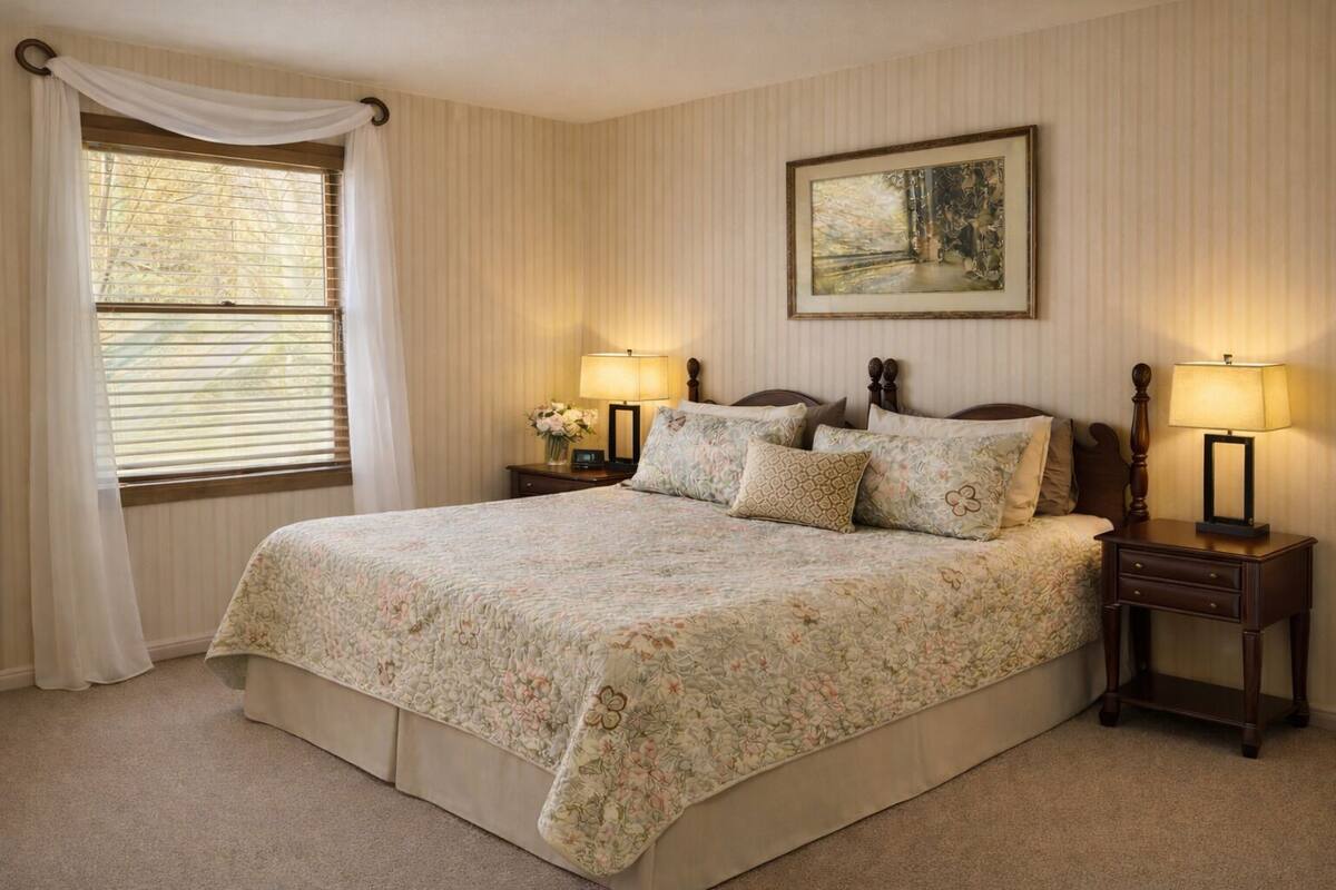 A bedroom with a large bed, two bedside tables with lamps, a window with curtains, and a framed picture on the wall.