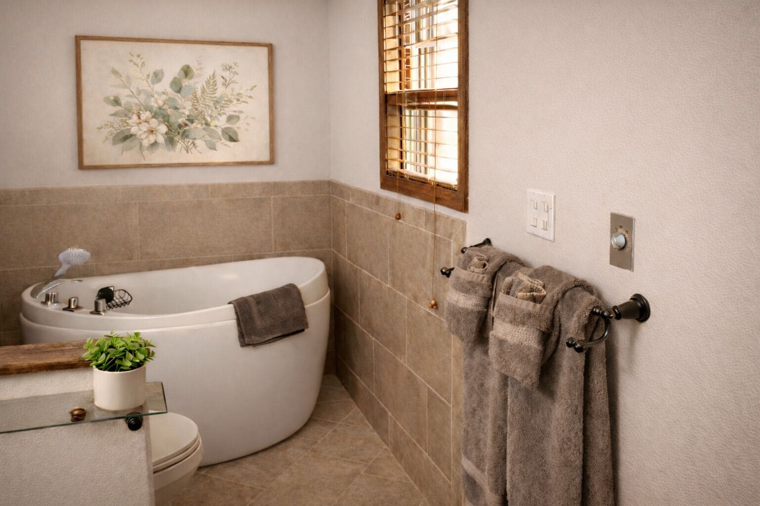 Un baño con una bañera independiente, un inodoro, un lavabo con repisa de vidrio, una planta en maceta y un perchero con toallas.