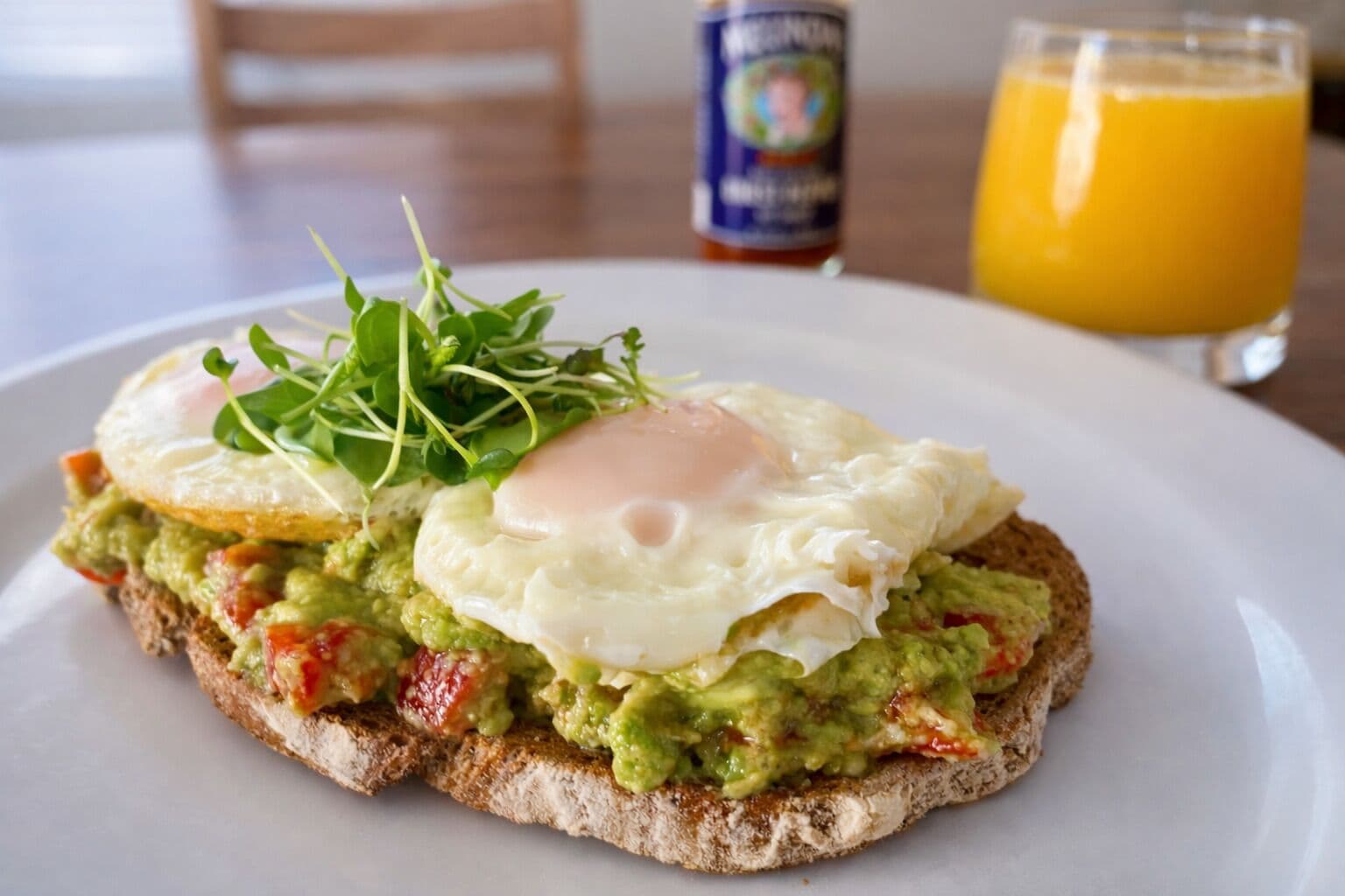 A breakfast plate with eggs, avocado, and greens on toast, with a glass of orange juice and a condiment bottle in the background.