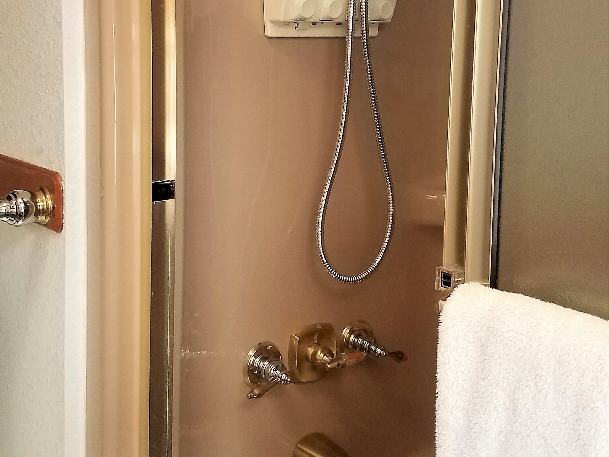 A bathroom with a shower, a towel rack, and a door with a brass handle.