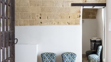 Una habitación con pared de piedra, dos sillas estampadas, alfombra a cuadros y una puerta con reja de metal.