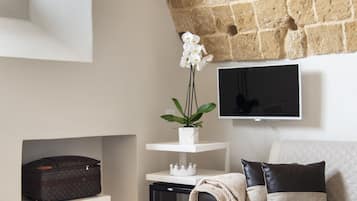 Un dormitorio moderno con una pared de piedra, un televisor de pantalla plana, una cama, una mesita con una planta y una maleta en un estante.