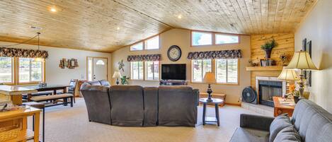 Televisión, chimenea, reproductor de DVD y libros