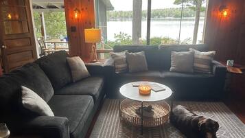 Smart TV, fireplace, books