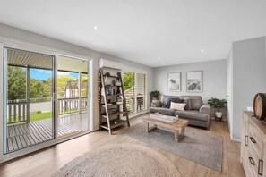 Fireplace, DVD player, books, music library