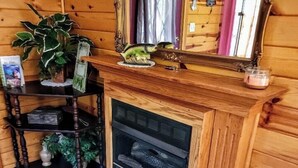 Interior de madera con chimenea, espejo y estante con plantas.