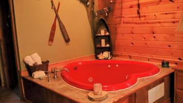 Jetted tub, hair dryer, towels, soap