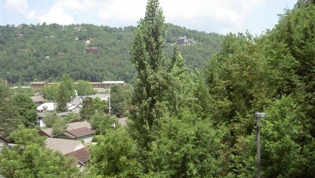A residential area with houses surrounded by dense greenery and hills in the background. -  In Town with a Spectacular View - Walk to the Parkway! (Gatlinburg)