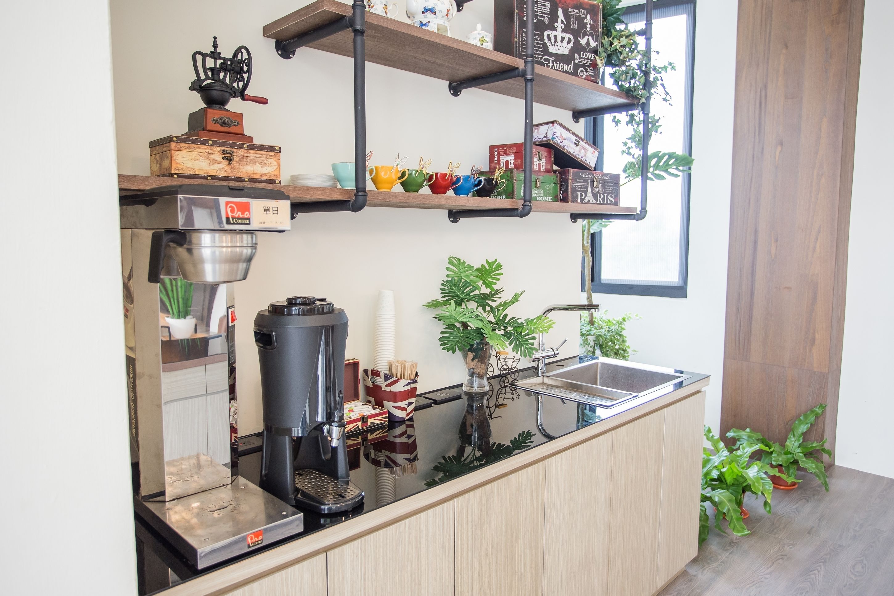 A modern kitchen with a coffee machine, shelves with decorative items, and potted plants.