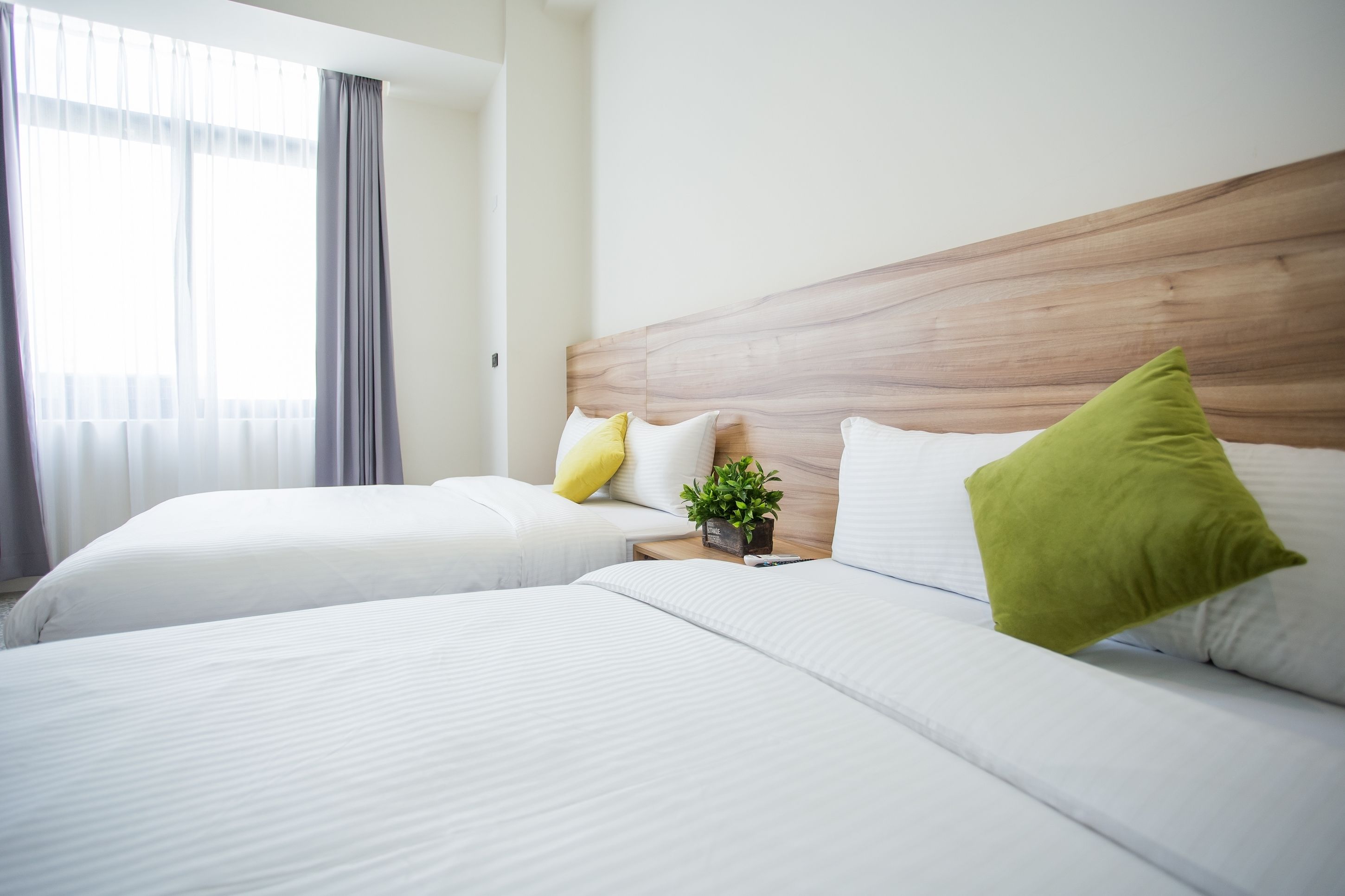 A hotel room with two beds, a wooden headboard, a small plant, and a window with curtains.