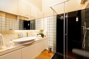 Shower, hair dryer, towels