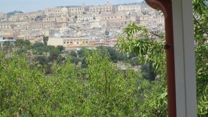 A view of a historic cityscape with dense, multi-storied buildings and a prominent dome structure. -  "Little cottage
 surrounded by olive and almond trees (Noto)
