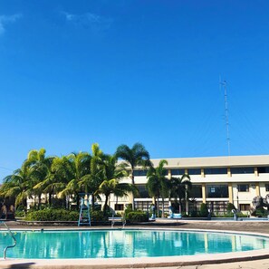 A swimming pool with a clear blue sky, palm trees, and a building with multiple windows and a flagpole. - Klir Waterpark Resort (Plaridel)