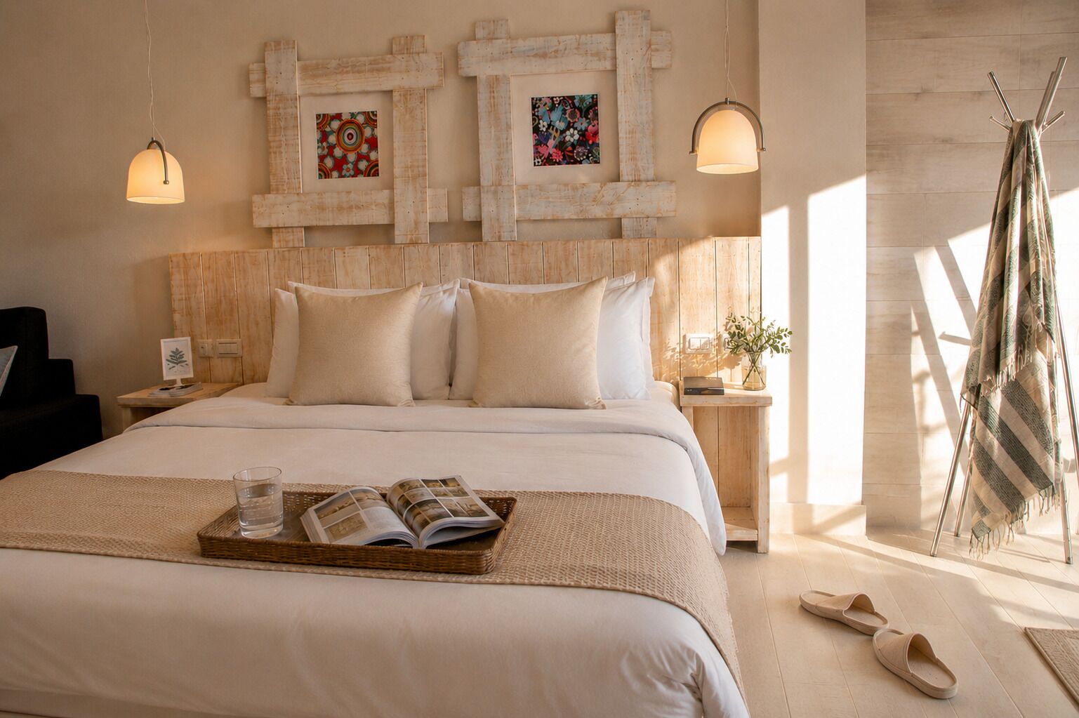 A bedroom with a bed, pillows, a tray with a book, a nightstand, a lamp, and a window with a view.