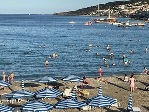On the beach, sun-loungers, beach towels