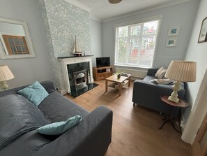 Smart TV, fireplace, DVD player, books