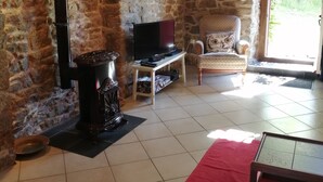 Ein rustikaler Raum mit Steinwand, Kamin, Fernseher auf einem Schrank, einem gemusterten Sessel und einem roten Teppich.