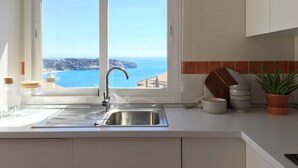 Une cuisine avec vue sur la mer, un évier en acier inoxydable et une fenêtre avec un store blanc.