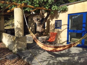 A hammock under a tree, a blue door, and a concrete wall. - House under a carob tree, among the vineyards in Salina (Leni)