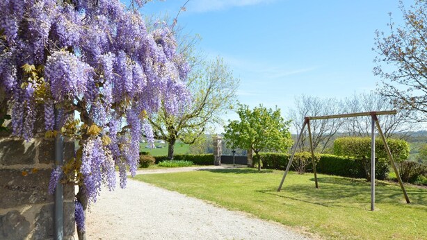Un camino de grava que conduce a un columpio en un jardín con glicinas moradas y césped verde.