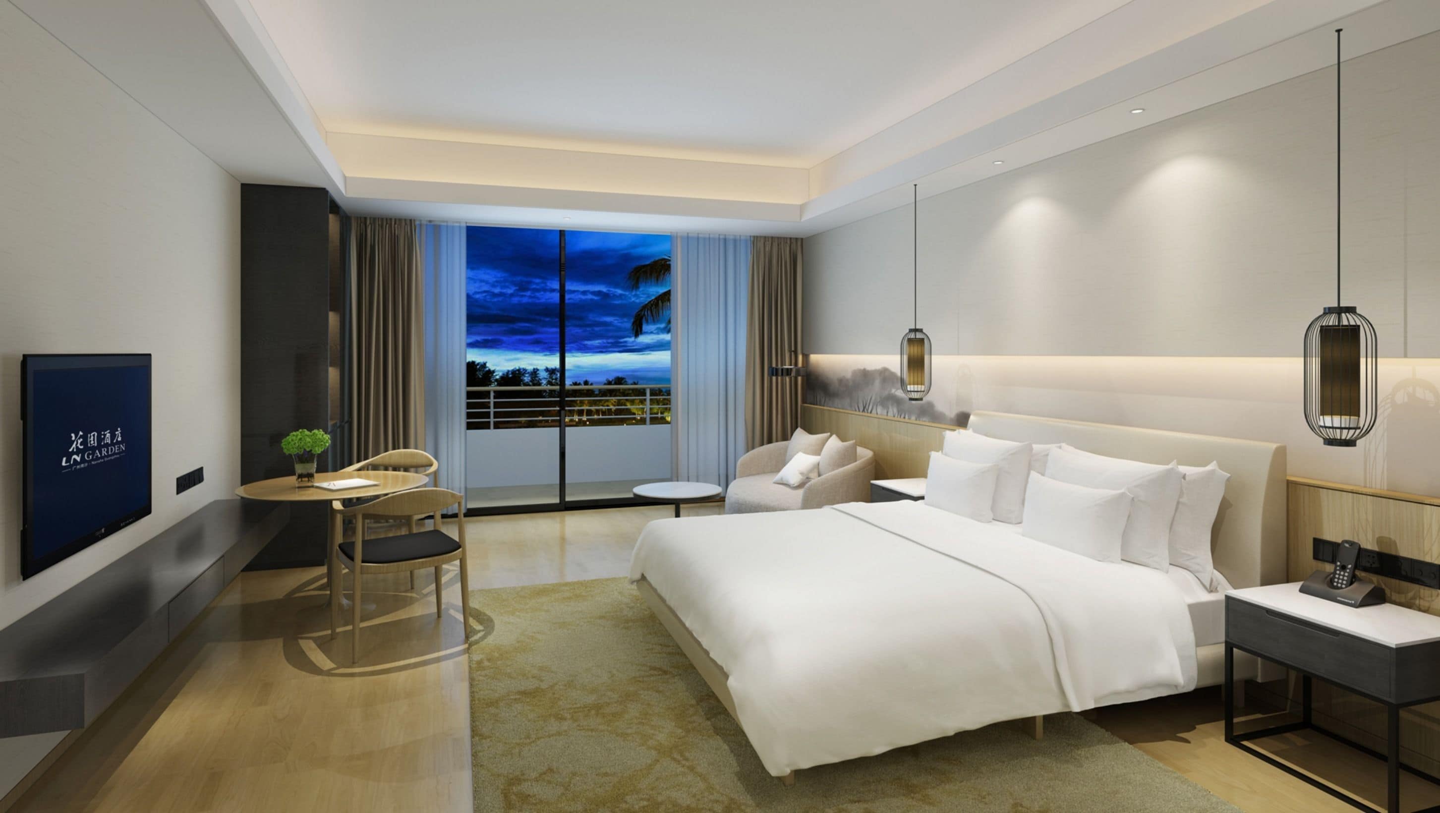 A modern hotel room with a large bed, a desk with a chair, a TV, and a balcony with a night view.
