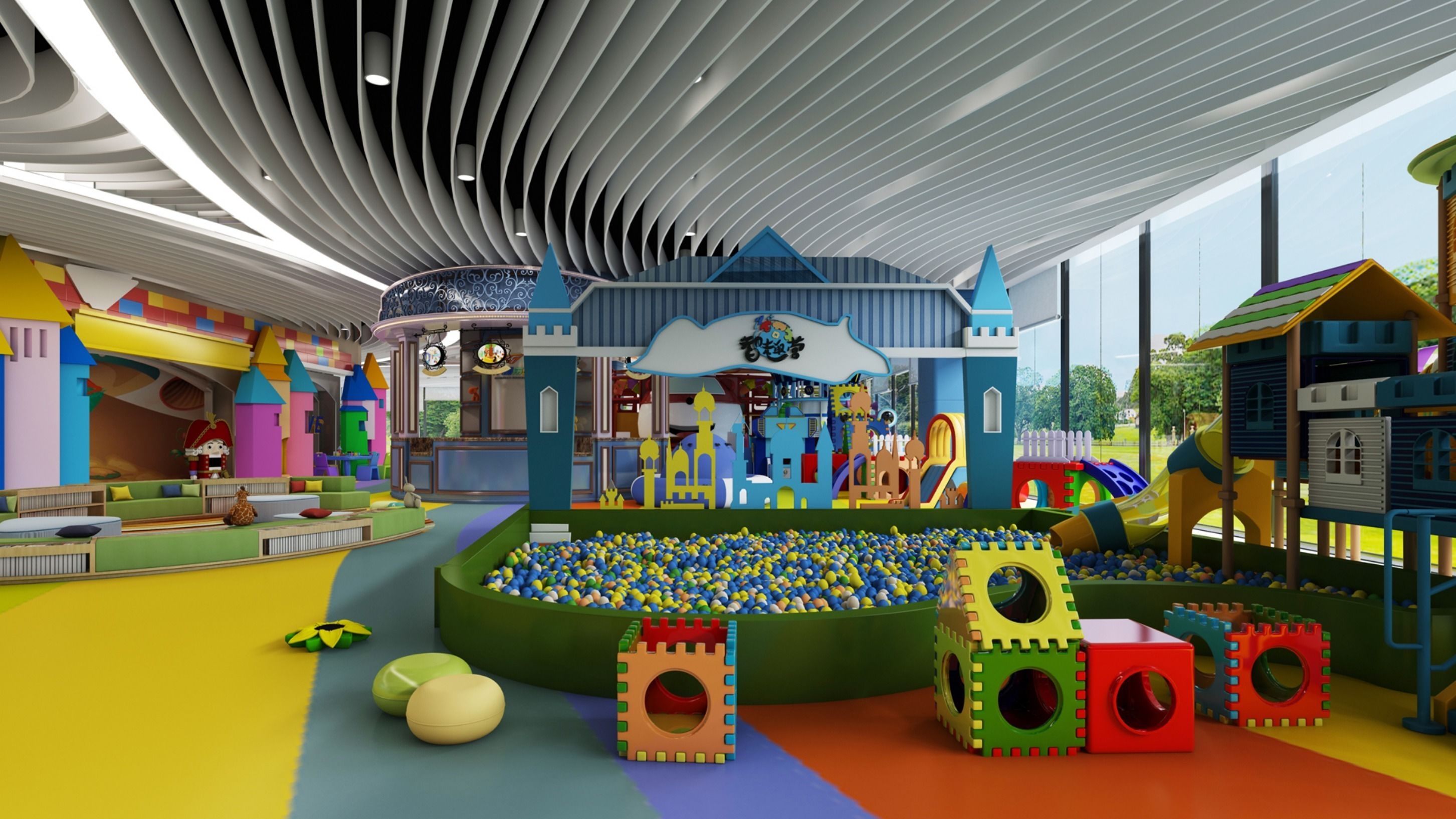 Un área de juegos infantiles con piscina de pelotas, estructuras de juego coloridas y un edificio grande con techo azul.