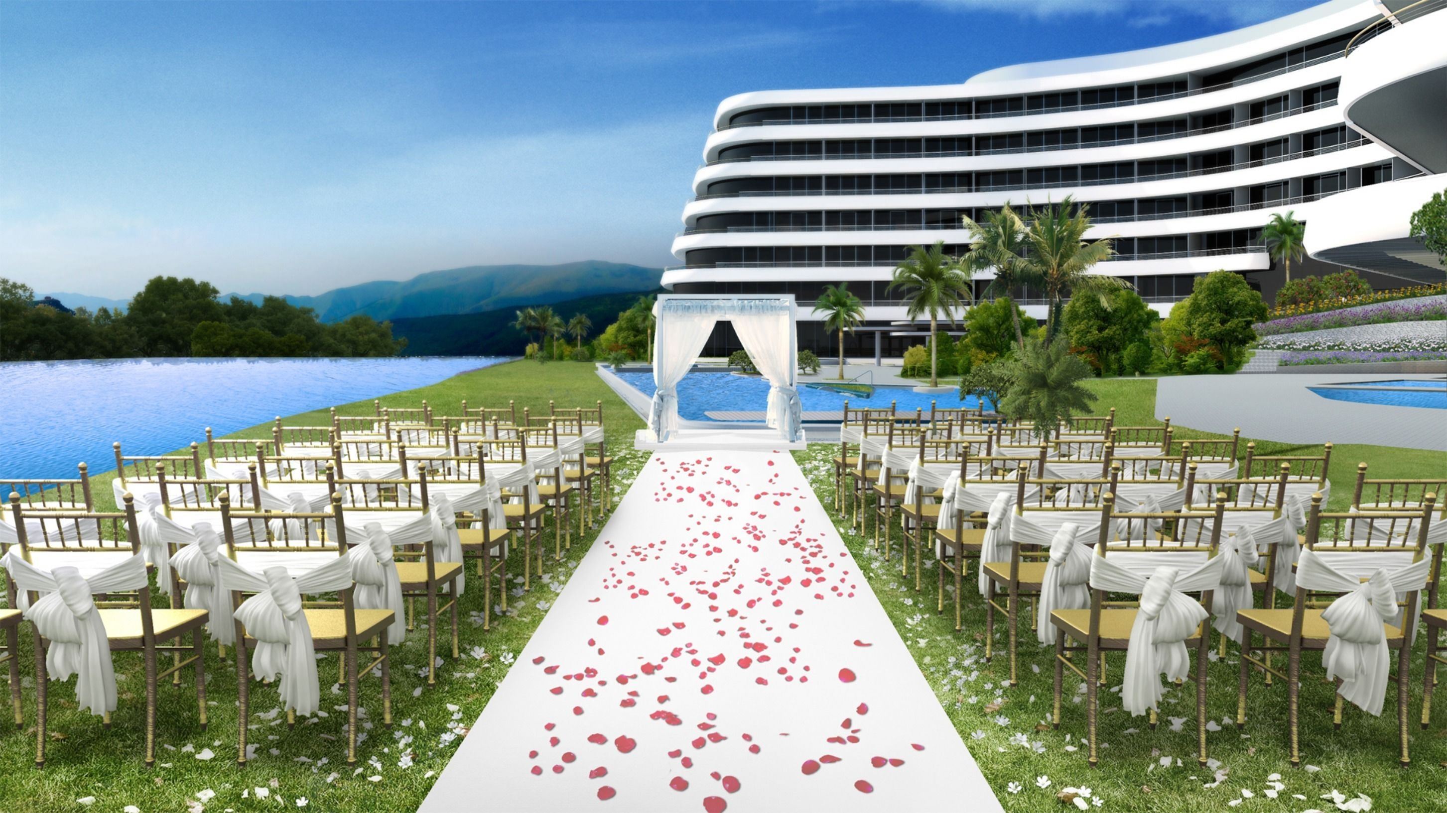 A wedding ceremony setup with a white aisle, chairs with white drapes, and a backdrop.